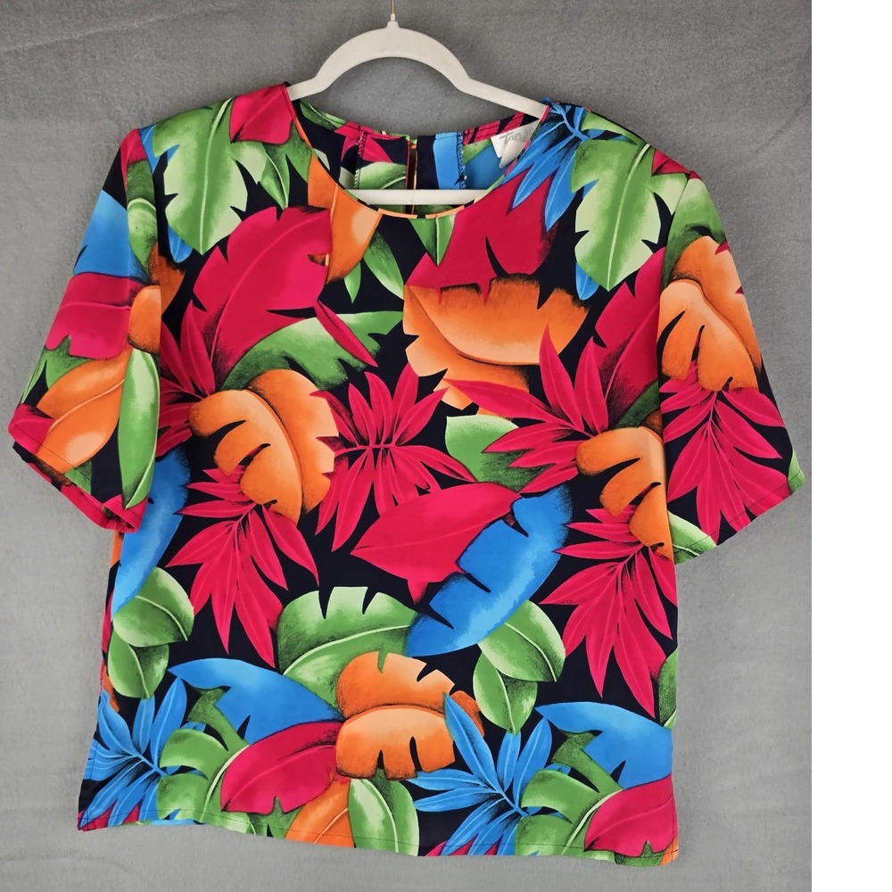Vintage Tan Jay Blouse Womens 14 Tropical Leaf Print Boxy Career Teacher Grandma